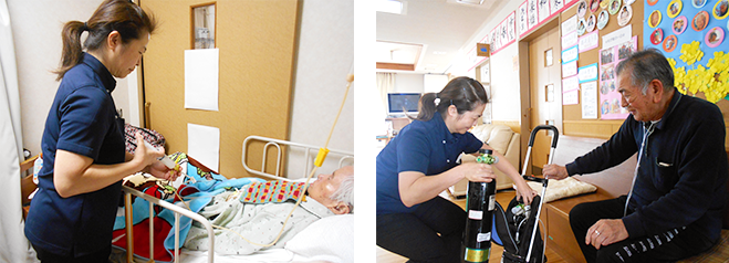 (写真右から)胃ろう、在宅酸素利用者様へ対応している様子